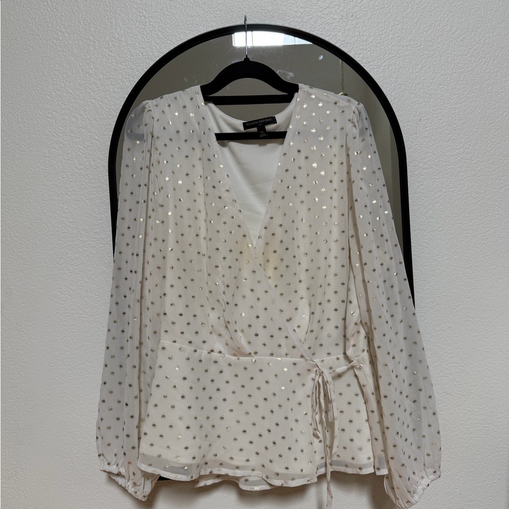 Banana Republic Ivory Wrap Blouse Metallic Dot
